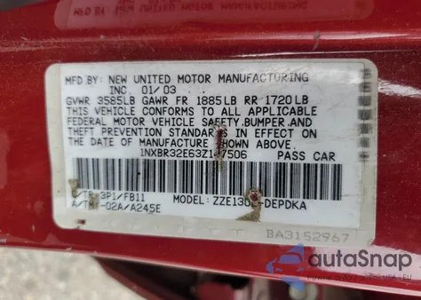 2003 Toyota Corolla Ce z USA, uszkodzony, nr VIN 1NXBR32E63Z147506